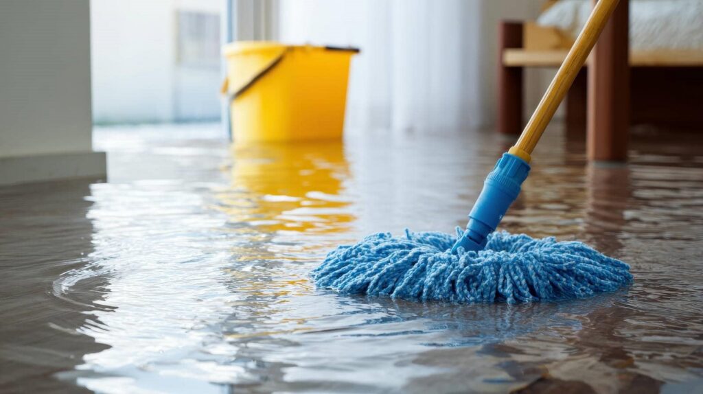 Blue mop cleaning water on a flooded floor with a yellow bucket in the background.
