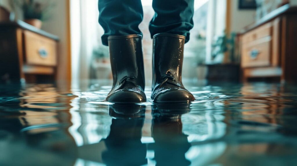 Person wearing black rain boots standing in a flooded indoor room with water reflecting surroundings.