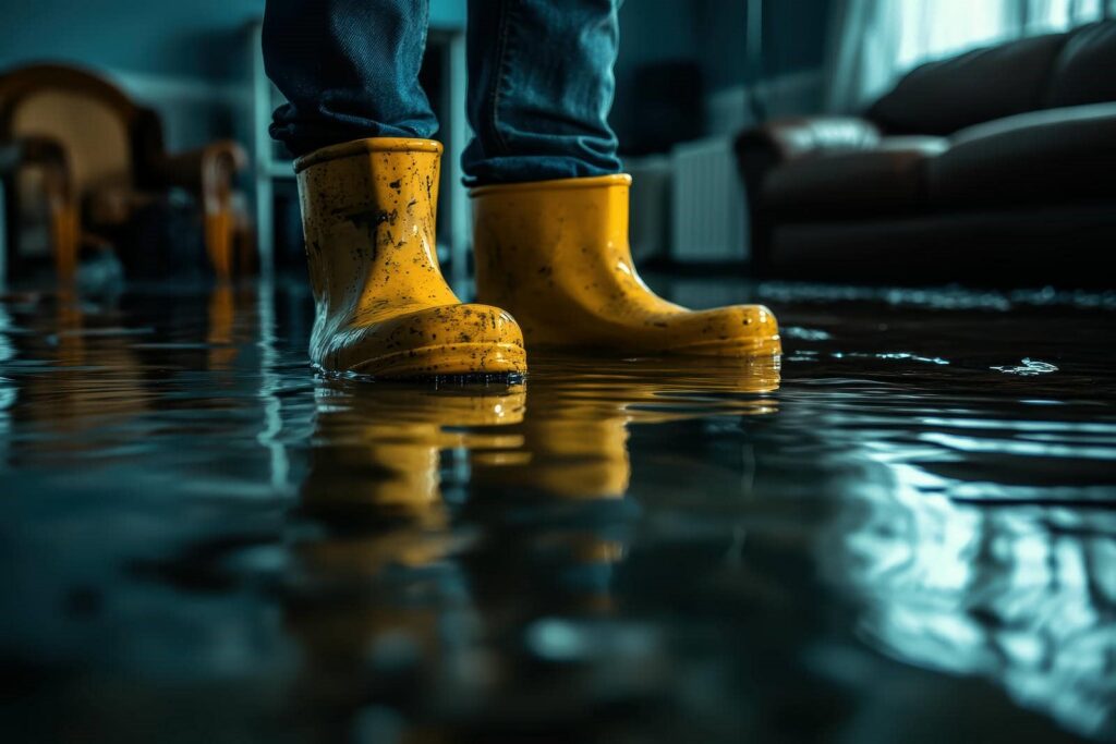 Person wearing yellow rain boots standing in a flooded room with water covering the floor.