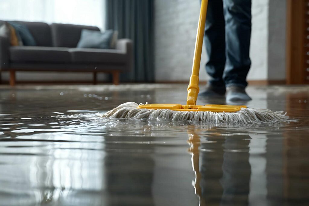 Person mopping a flooded floor in a living room with a gray sofa in the background.
