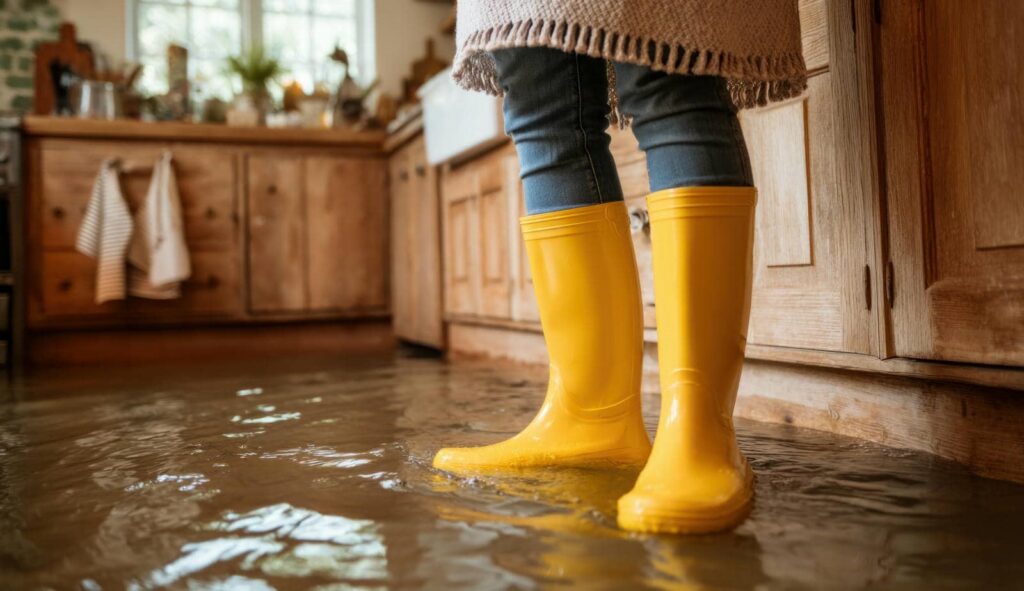 Person wearing yellow rain boots standing in a flooded kitchen with water covering the floor.