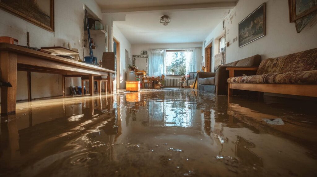 Living room flooded with water reflecting furniture and window light.