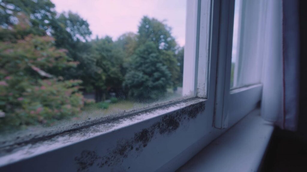 Close-up of a window frame with black mold along the bottom edge and trees visible outside.