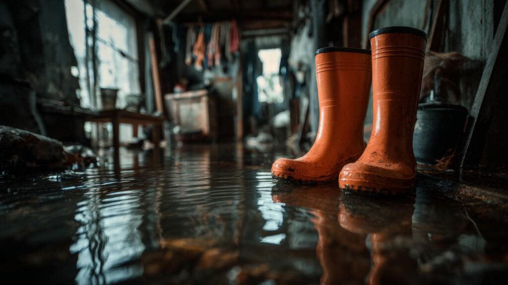 Orange rubber boots standing in a flooded room with water reflecting the surroundings.
