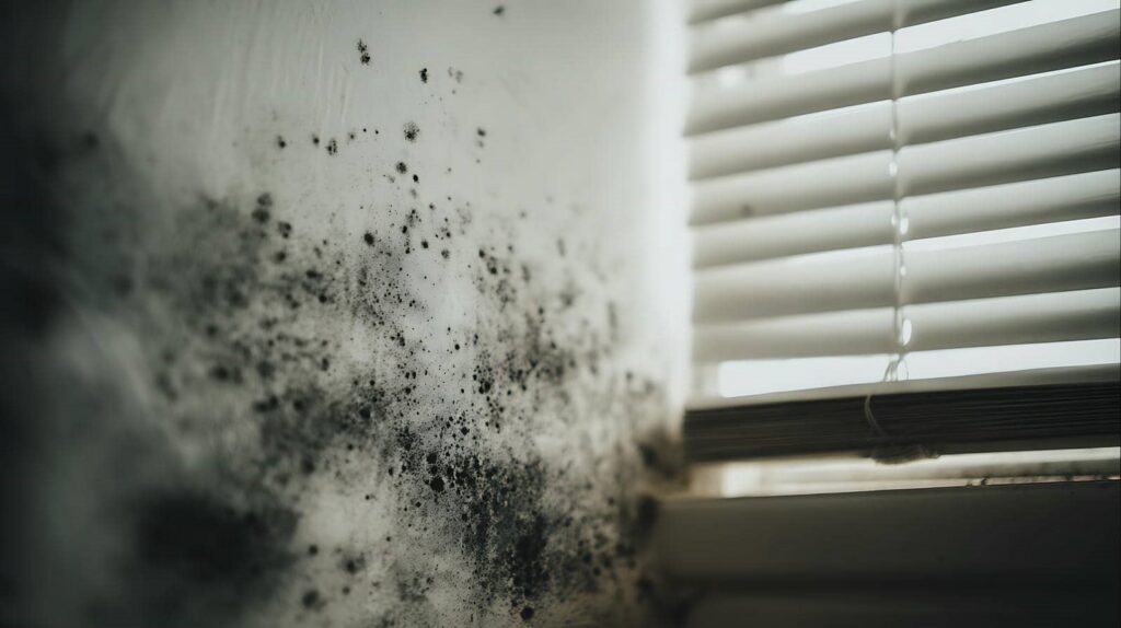 Black mold growing on a white wall next to a window with closed blinds.