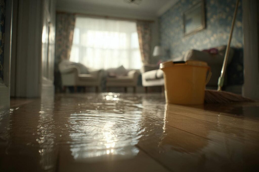 Water flooding a wooden floor in a living room with a yellow bucket and broom nearby.