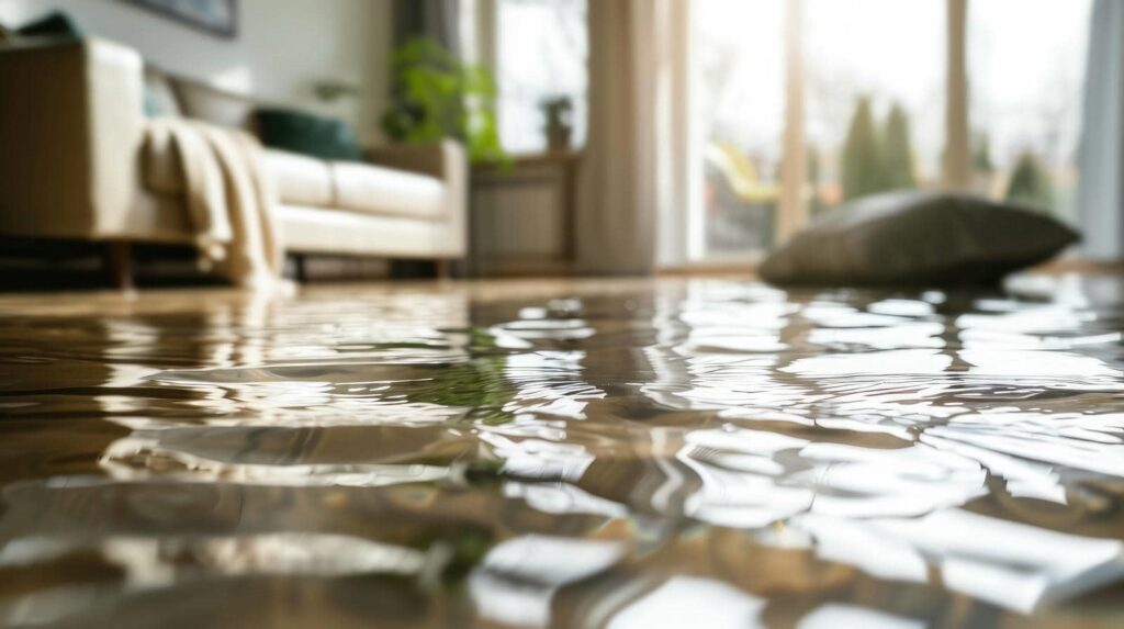 Water flooding a living room floor with a sofa and cushion partially submerged.