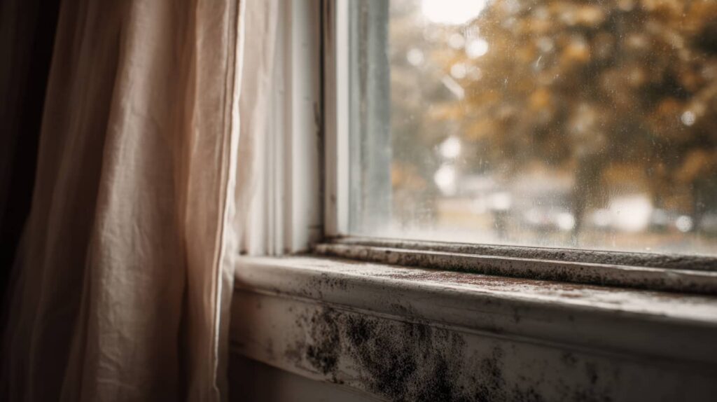 Mold growing on a windowsill beside a curtain.