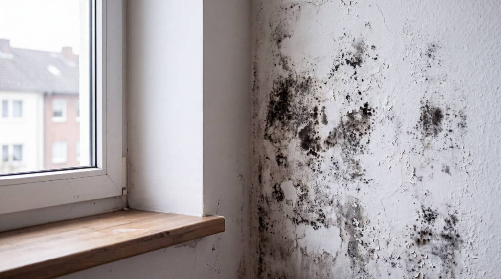 Mold growing on a peeling wall beside a window.