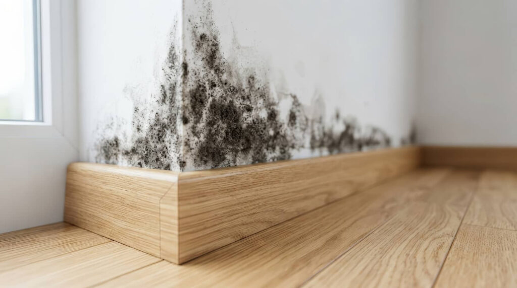 Black mold growing on a wall above a wooden floor trim.