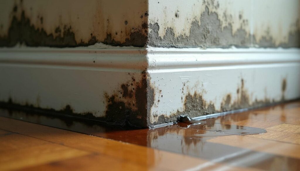 Corner of a wall with mold growth and water pooling on the wooden floor.