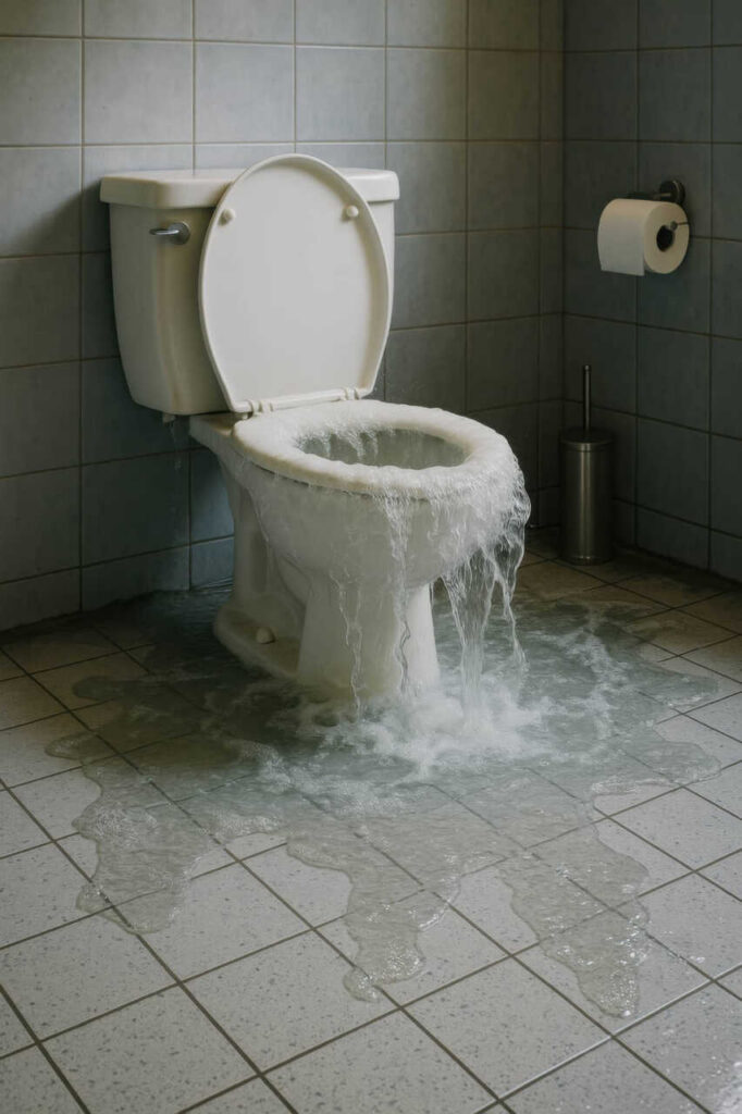 Overflowing toilet flooding a tiled bathroom floor.
