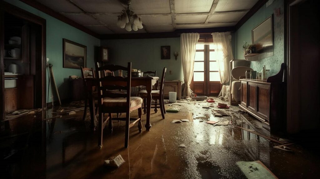 Flooded dining room with wooden furniture and scattered debris on the water-covered floor.