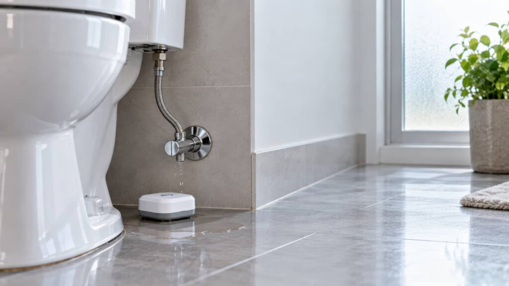 Leaking toilet valve dripping onto bathroom floor.