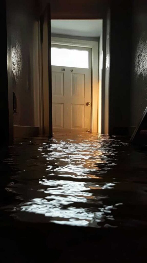 Flooded hallway with water reflecting light from a partially open door.