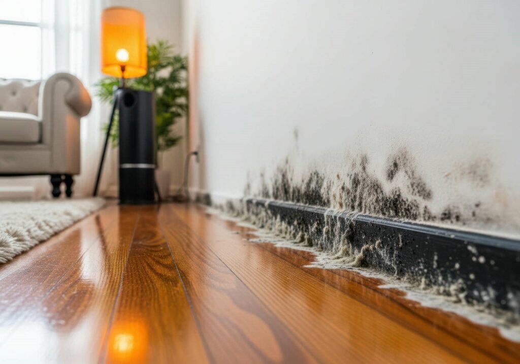 Black mold growing along the baseboard of a white wall in a living room with wooden floors.