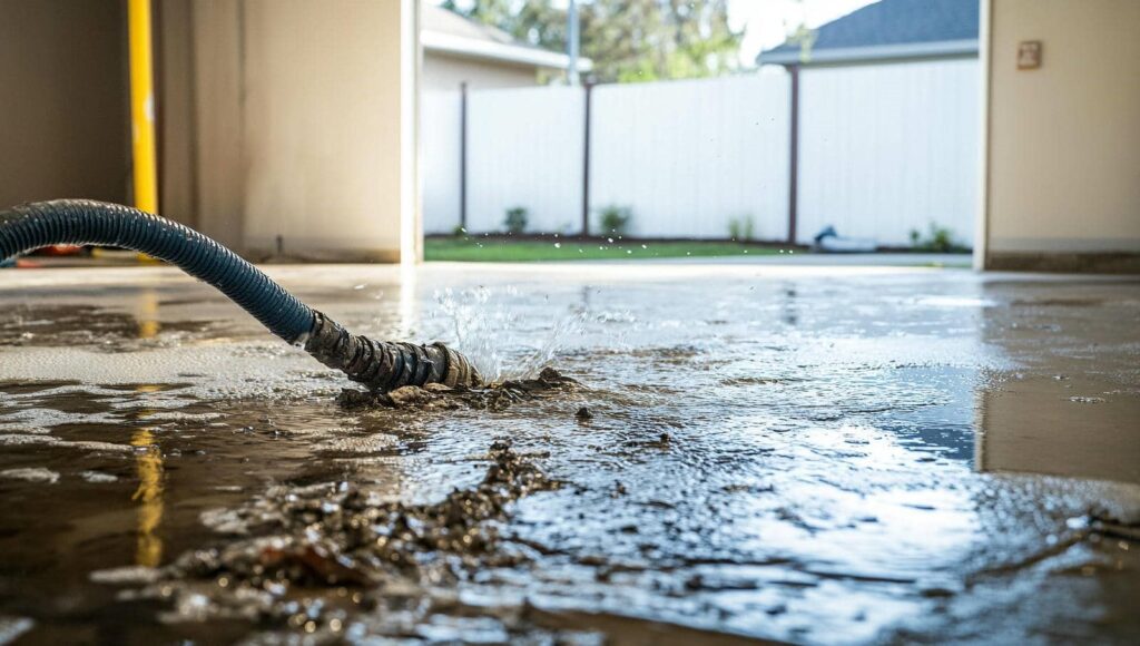 Water leaking from a hose onto a wet concrete floor inside a garage.