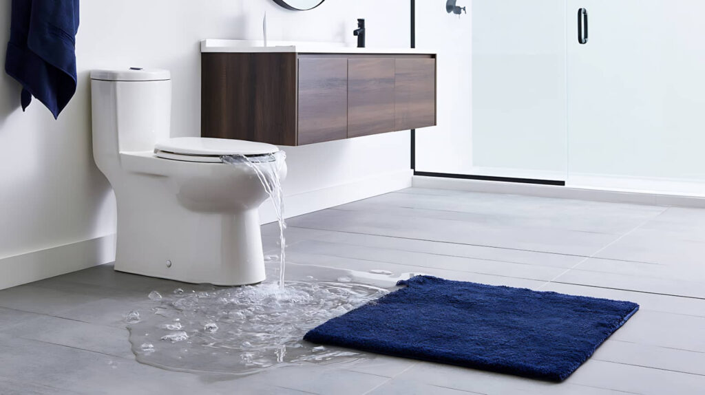 Toilet overflowing onto bathroom floor beside a blue bath mat.