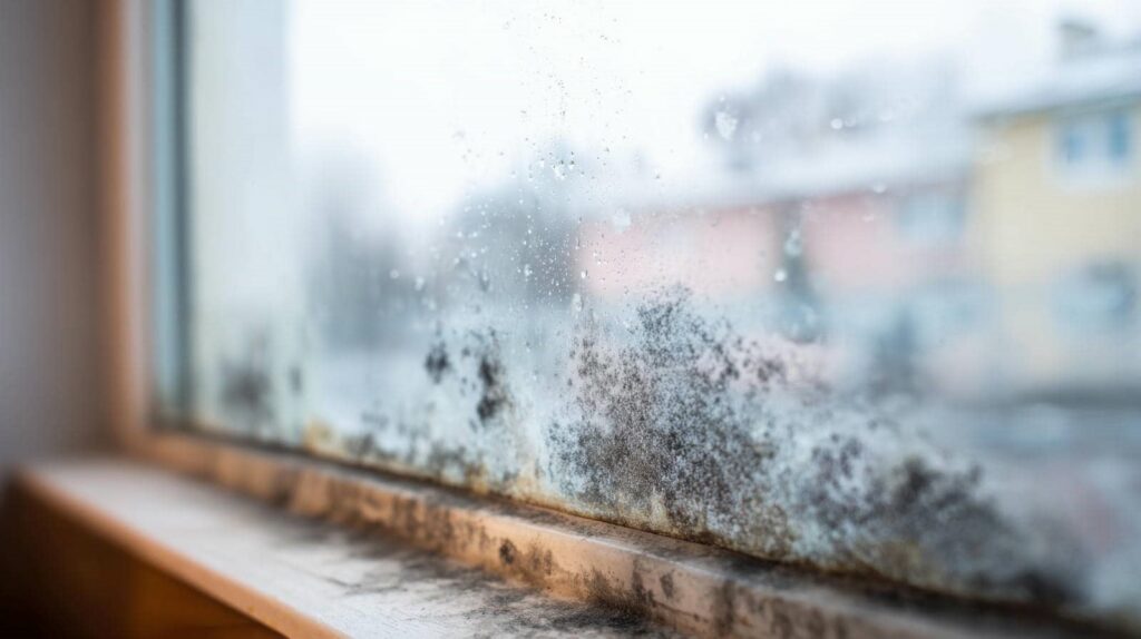 Mold and dirt buildup on a windowpane and windowsill.