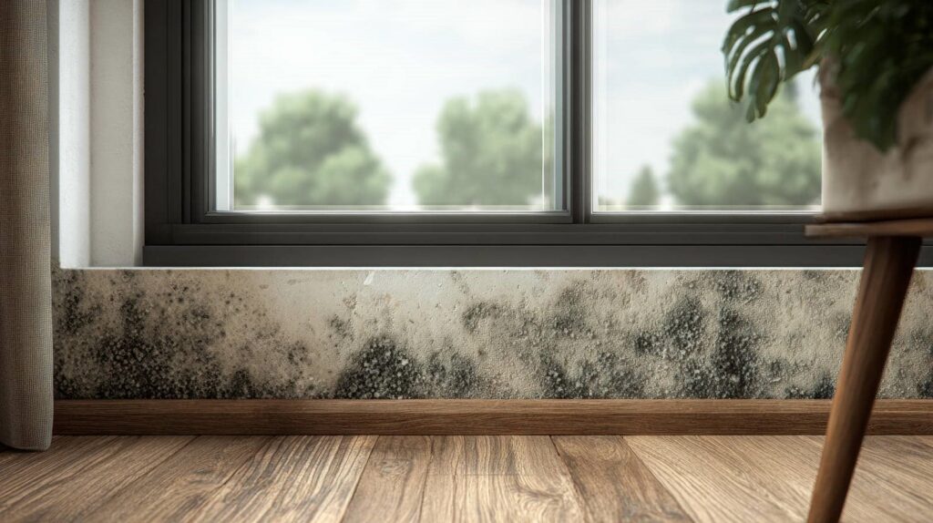 Mold growth on the lower wall beneath a window with wooden flooring and a plant nearby.