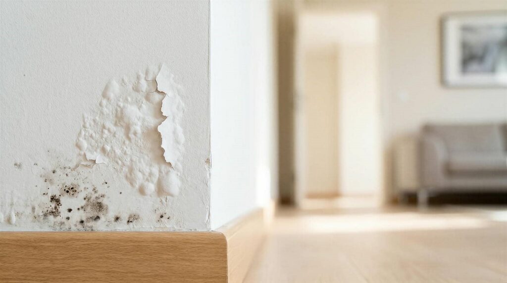 Peeling and mold-damaged white wall corner above wooden baseboard in a bright room.