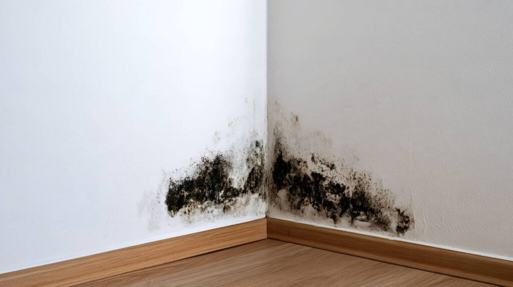 Black mold on a corner wall above the baseboard.