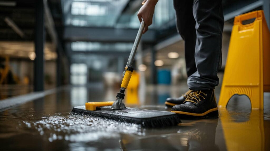 Person mopping a wet floor near a yellow caution sign in an indoor setting.