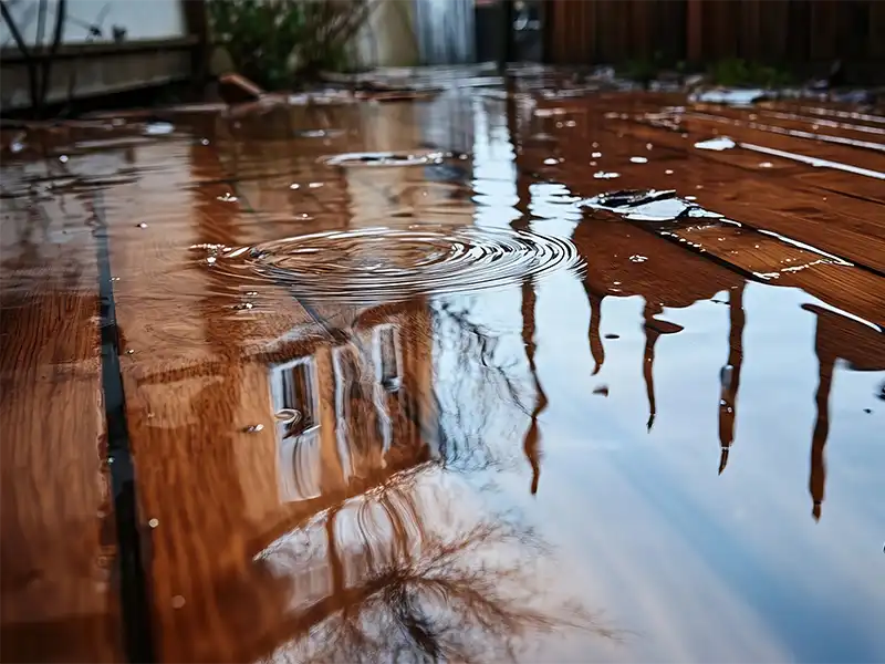 Rainwater puddle on wooden deck reflecting a house and tree branches. flood damage repair