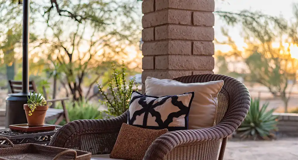 Wicker chair with three cushions on a patio at sunset. trusted restoration company in Tucson