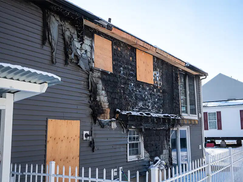 House exterior with extensive fire damage and boarded-up windows. fire damage restoration