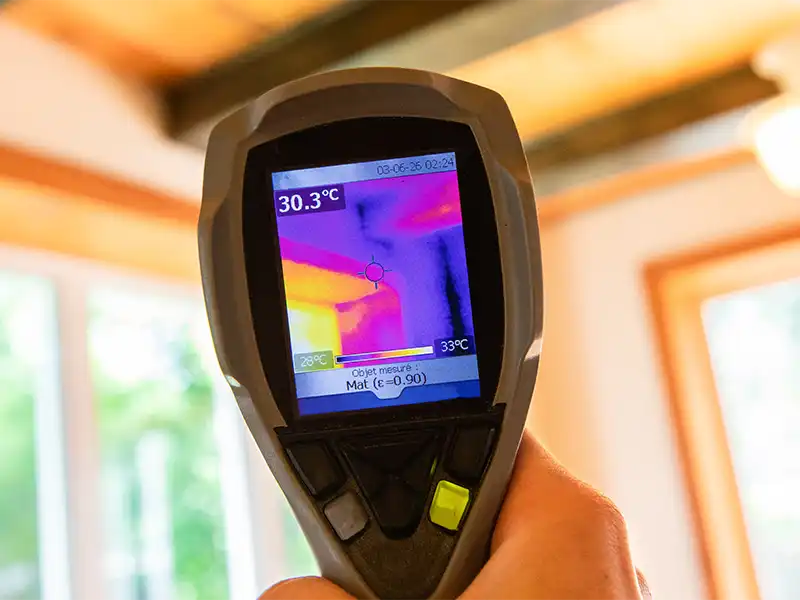 Hand holding a thermal camera showing a temperature reading of 30.3°C indoors. mold remediation