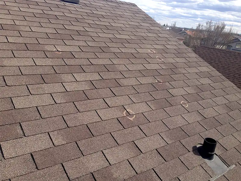Roof shingles with several chalk circles marking spots on the surface. storm damage repair