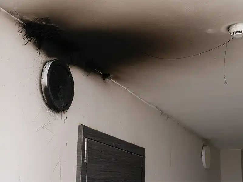 Black soot and burn marks around a ceiling vent and smoke detector in a hallway. fire damage restoration