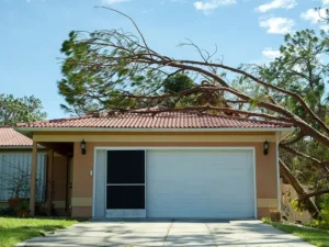 Large tree fallen over a house roof with a closed garage door and driveway. storm damage repair