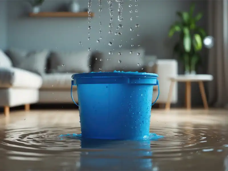Blue bucket collecting water from a leak, surrounded by a flooded floor in a living room. water damage restoration