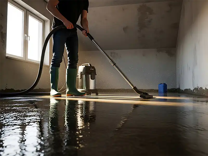 Person wearing green boots using a wet vacuum to clean a flooded room. water extraction services